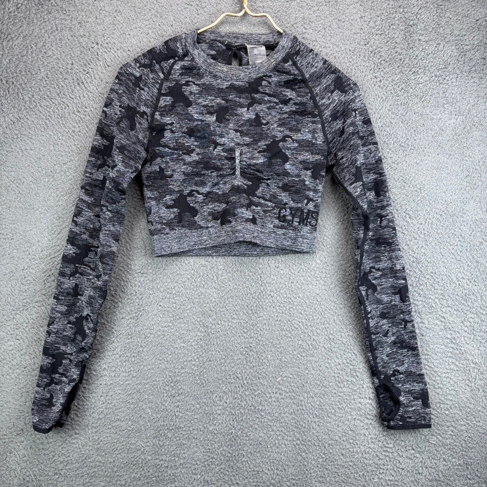 Gymshark Womens Camo Seamless Long Sleeve Crop Top Grey Black Medium 12480